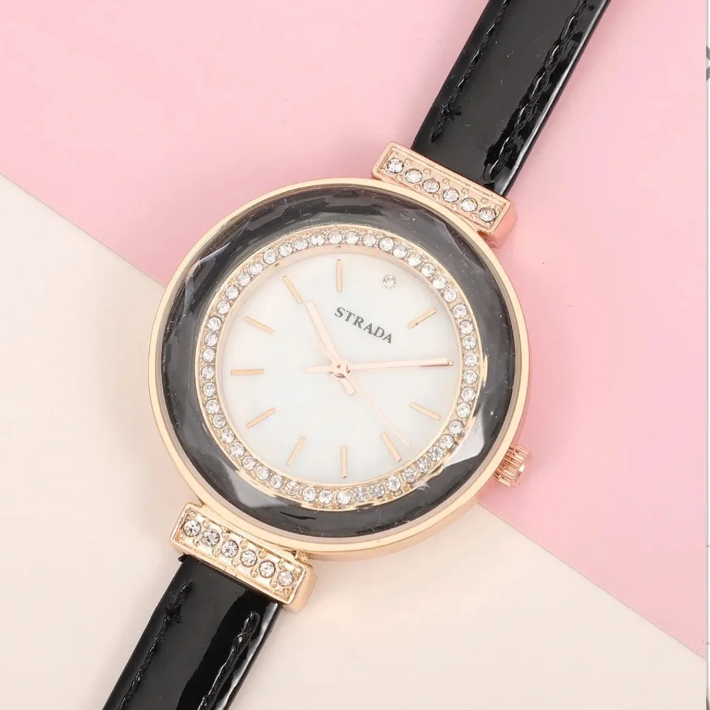 Austrian Crystal, Enameled Japanese Movement Watch. Black Faux Leather Band
